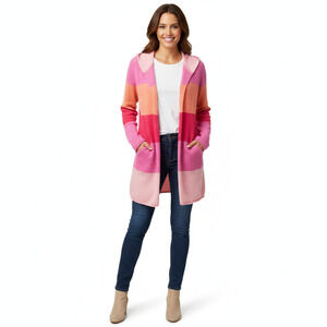 Claudia Nicole Cashmere Striped Hooded Open Cardigan Sweater Pink Orange L